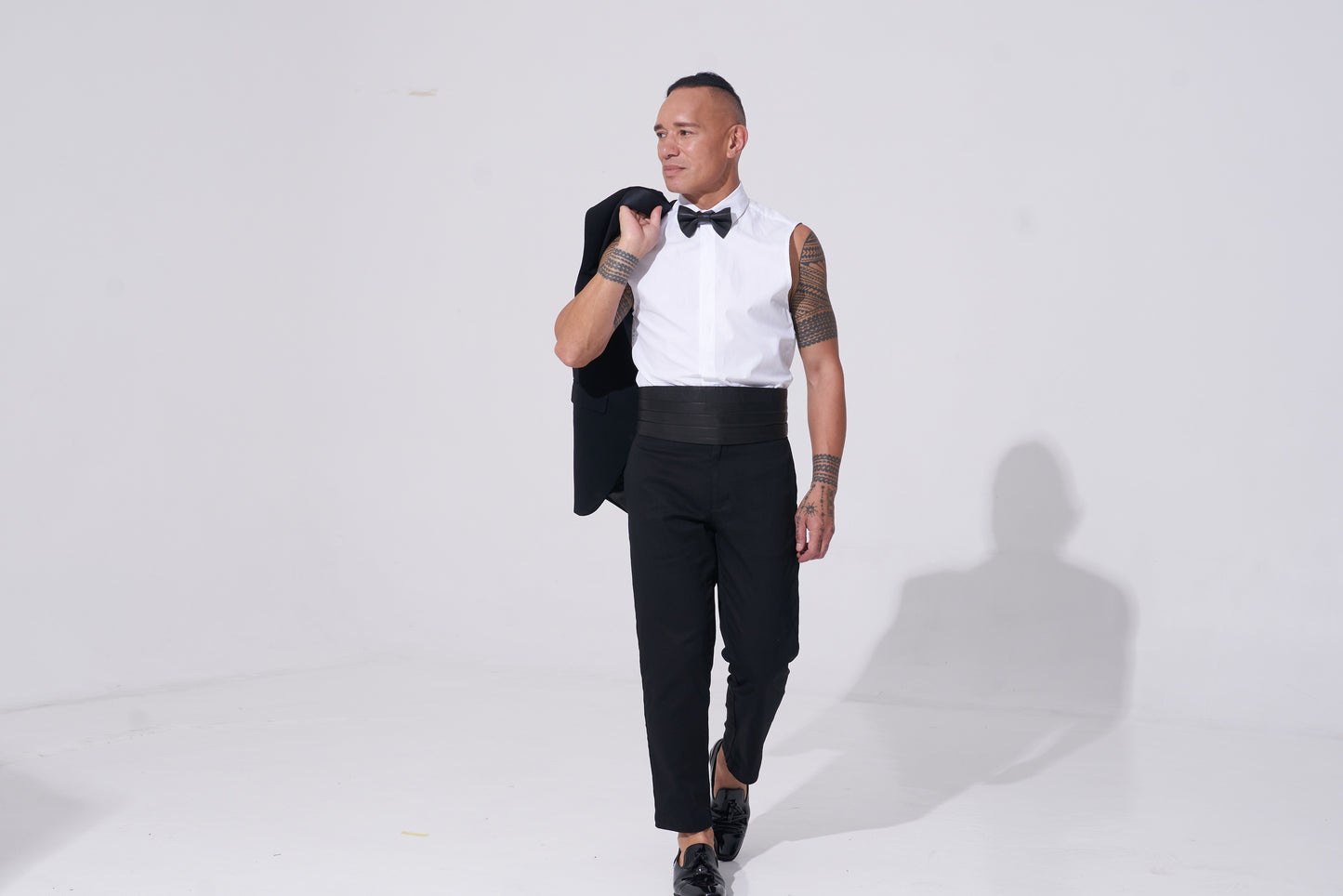 Endemann leather bow tie leather cummerbund, sleeveless jacket and sleeveless shirt