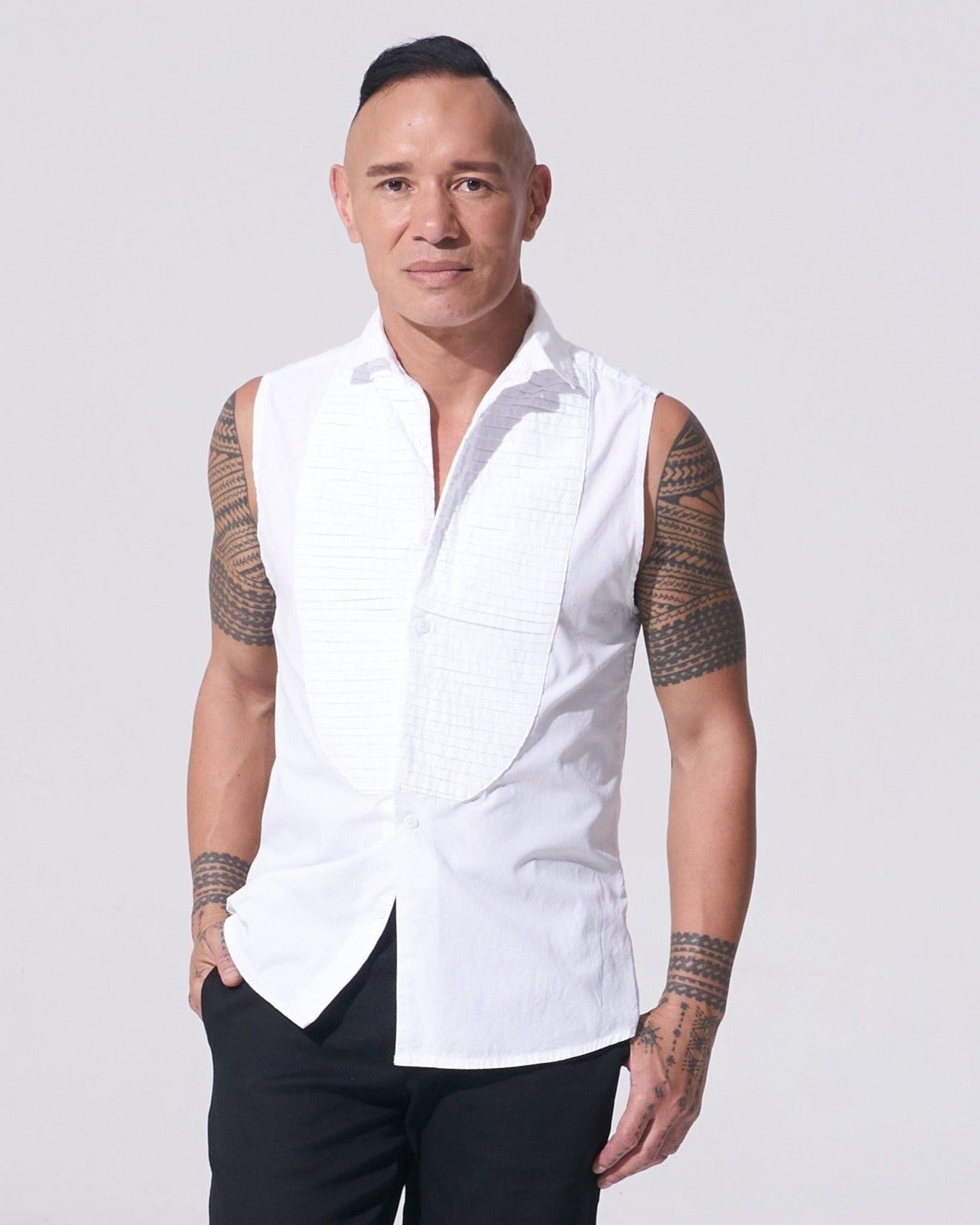 white mens sleeveless collared buttoned tuxedo shirt with pintucks