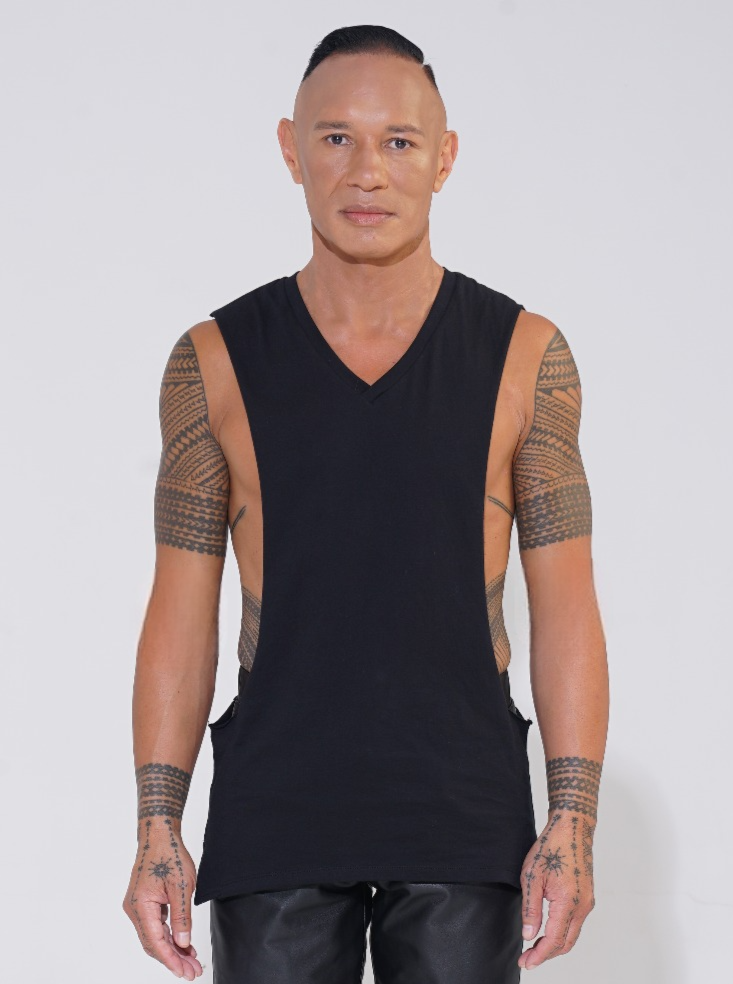 Endemann black cotton v-neck tank with lowered armhole with leather shorts