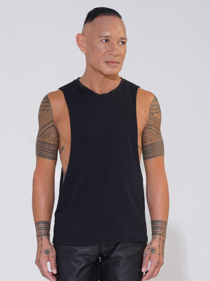 Endemann black cotton round neck tank with lowered armhole with leather shorts