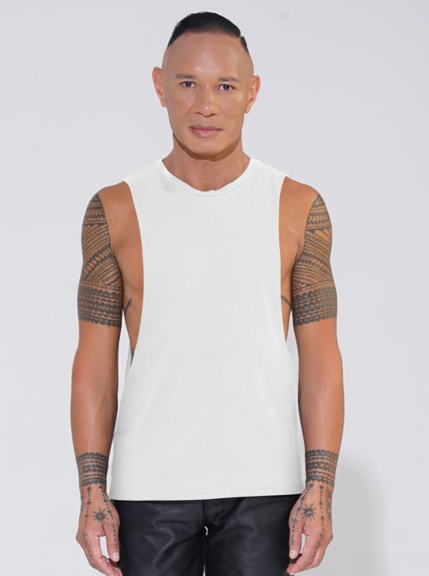 white cotton round neck tank with lowered armhole