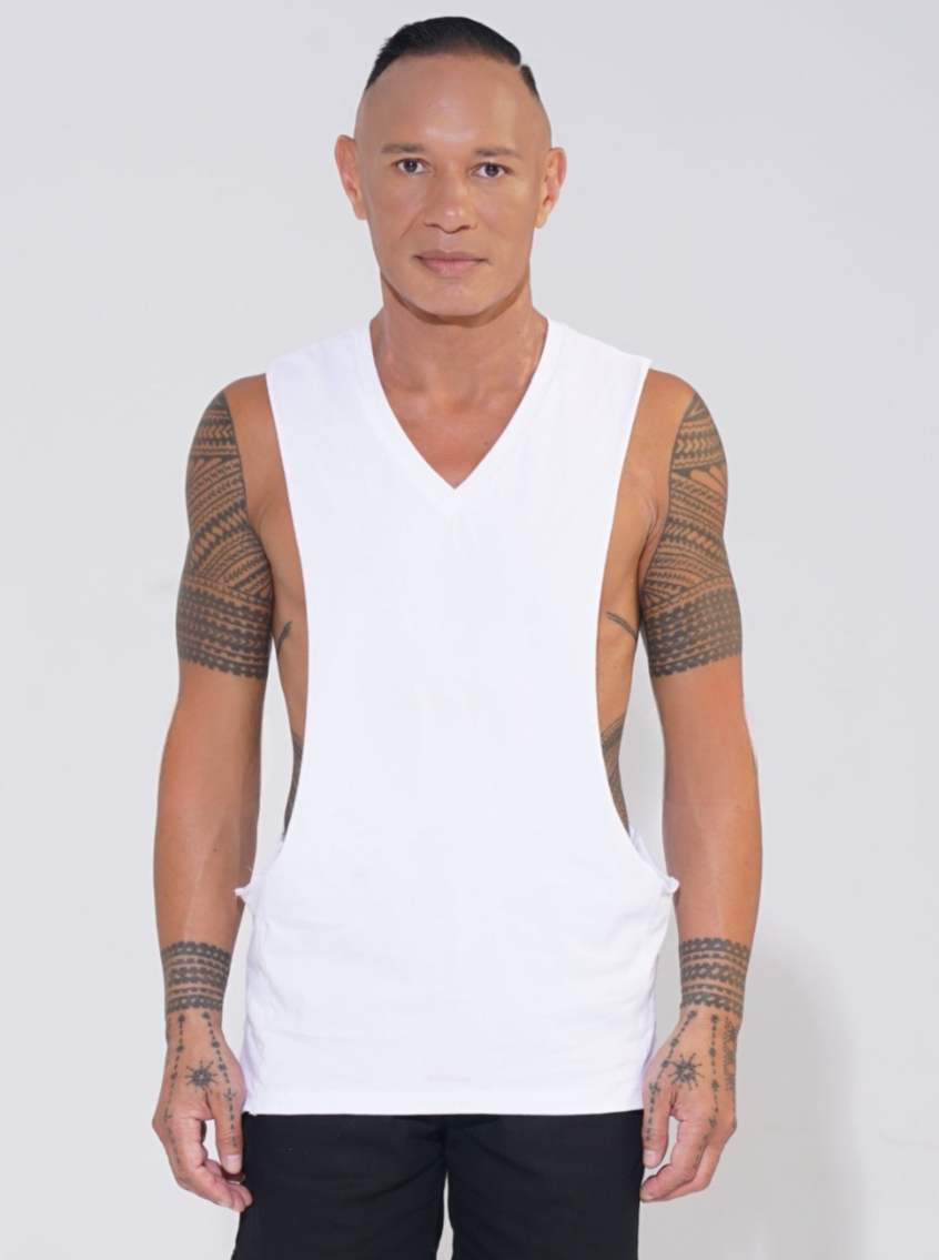 white cotton v-neck tank with lowered armhole