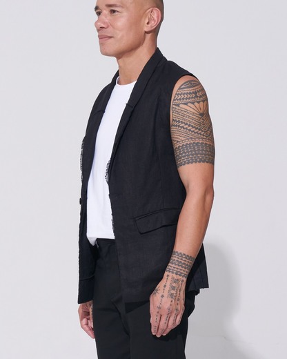 Relaxed Linen Sleeveless Jacket with Raw Edge seams 