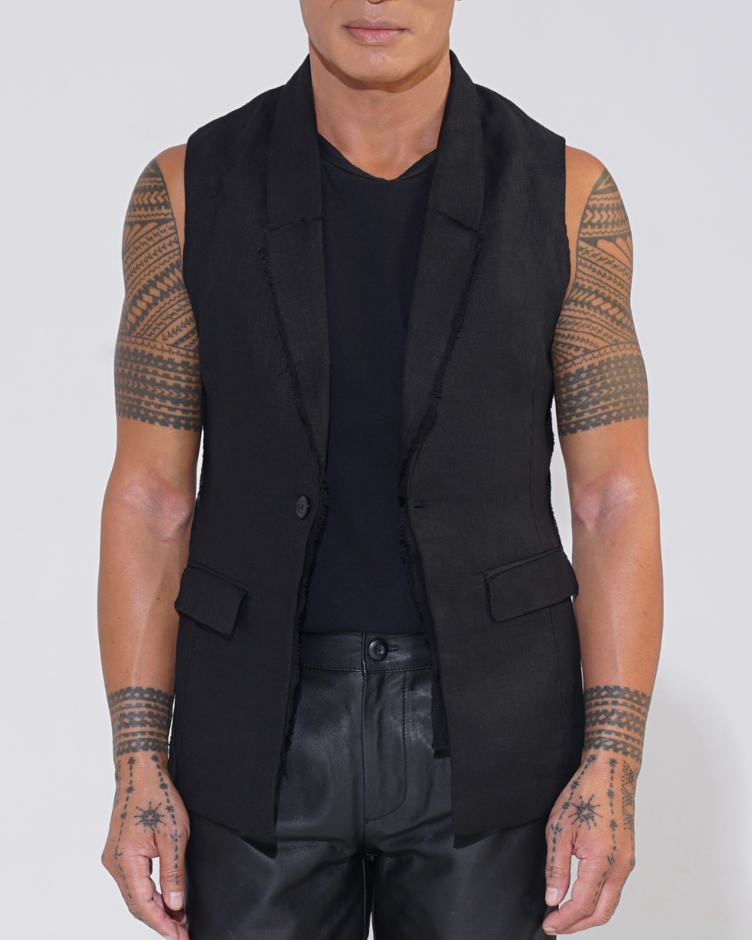 Relaxed Linen Sleeveless Jacket with Raw Edge seams 