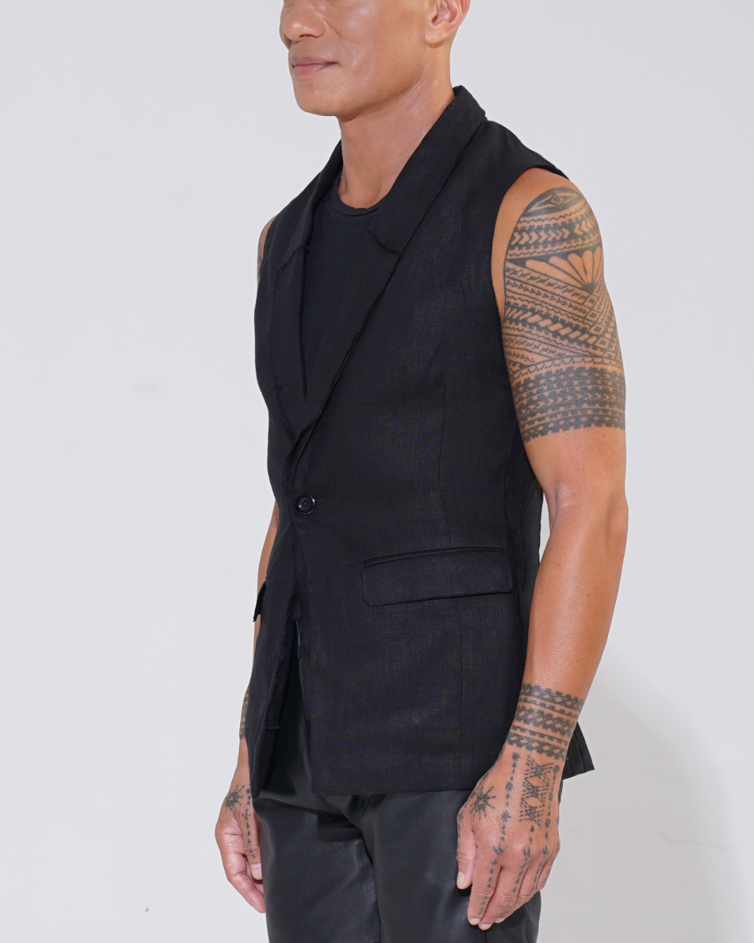 Relaxed Linen Sleeveless Jacket with Raw Edge seams 