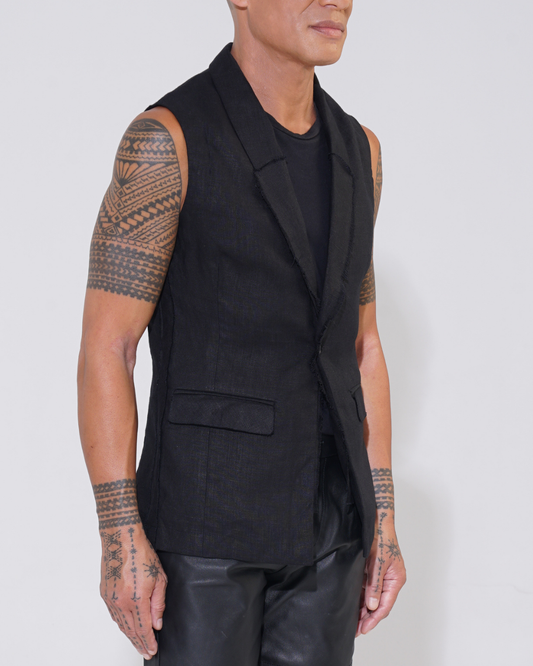 Relaxed Linen Sleeveless Jacket with Raw Edge seams 