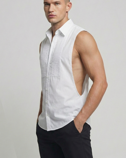 White Sleeveless Pleated front deep side cut Shirt