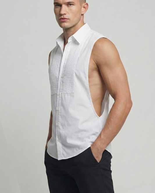 White Sleeveless Pleated front deep side cut Shirt