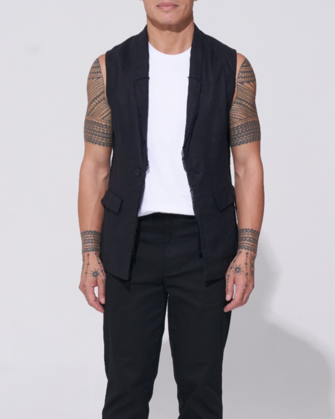 Relaxed Linen Sleeveless Jacket with Raw Edge seams 