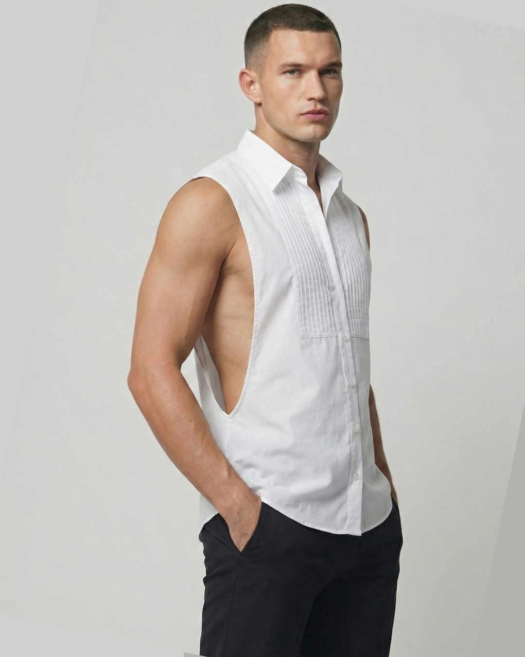 White Sleeveless Pleated front deep side cut Shirt