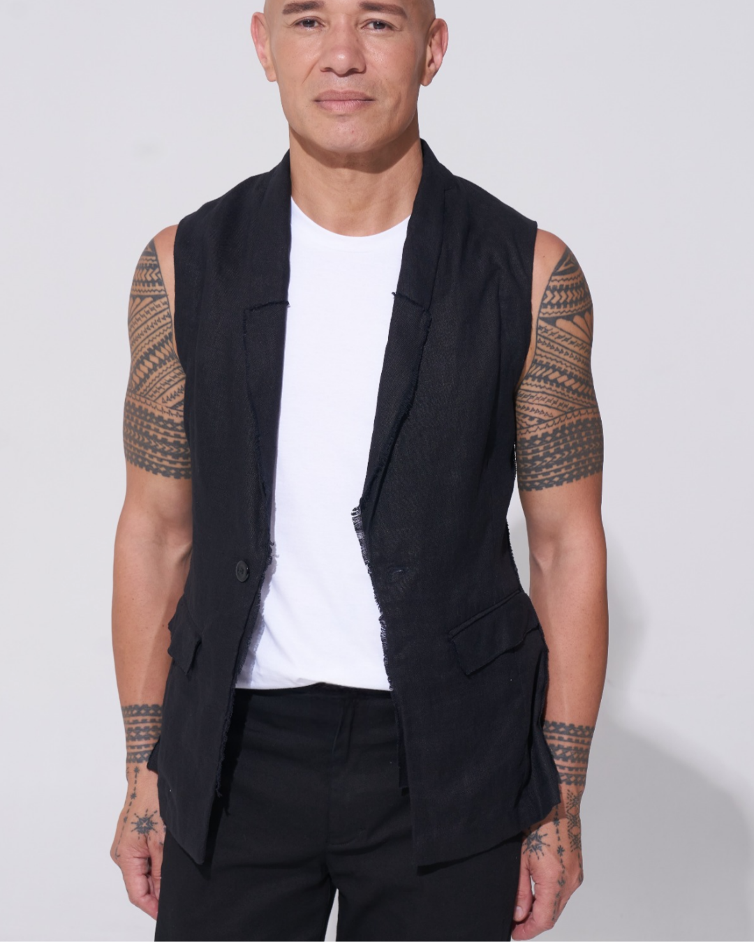 Relaxed Linen Sleeveless Jacket with Raw Edge seams 