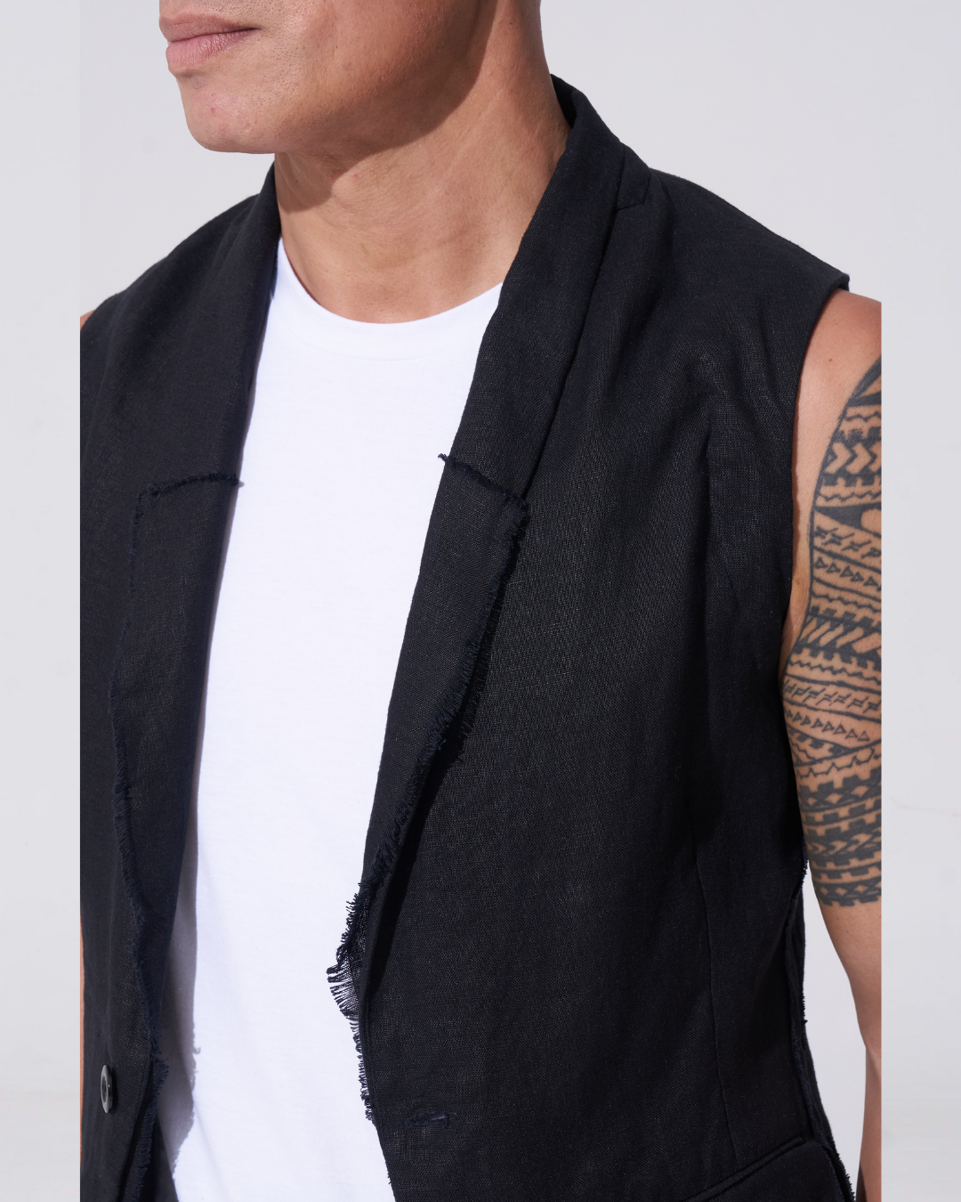 Relaxed Linen Sleeveless Jacket with Raw Edge seams 