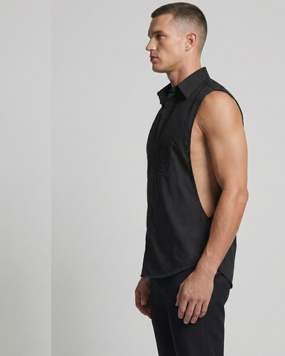 Black Sleeveless Pleated front deep side cut Shirt
