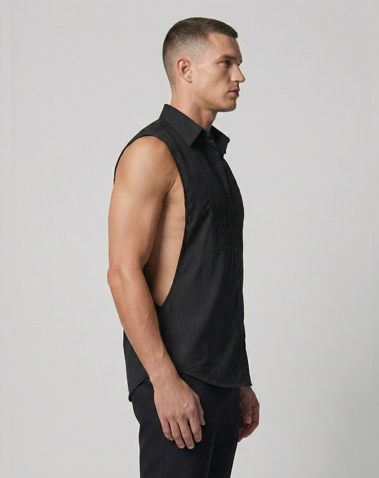 Black Sleeveless Pleated front deep side cut Shirt
