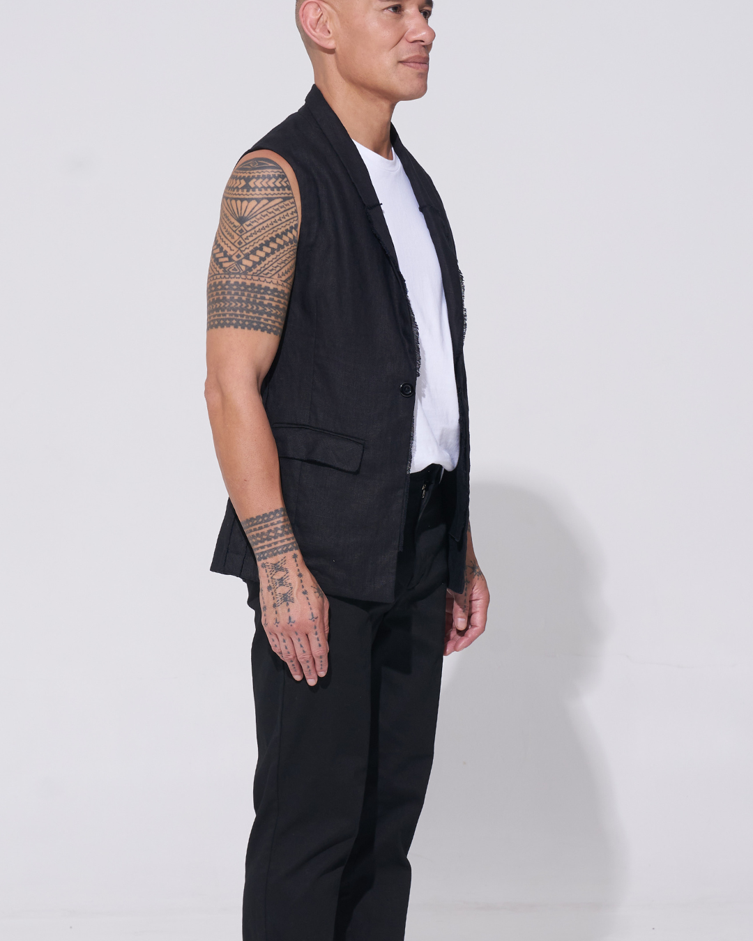 Relaxed Linen Sleeveless Jacket with Raw Edge seams 