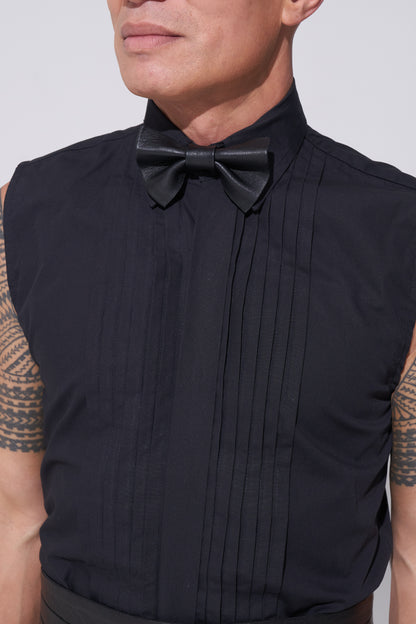 Endemann leather bow tie and sleeveless shirt