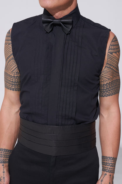 Endemann leather bow tie leather cummerbund, and sleeveless shirt