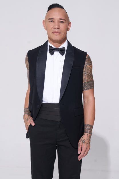 Endemann leather bow tie leather cummerbund, sleeveless jacket and sleeveless shirt