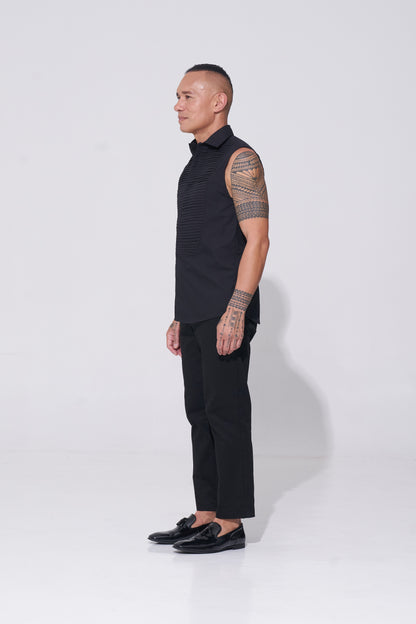 Endemann black sleeveless tuxedo shirt with pintucks with cotton pant