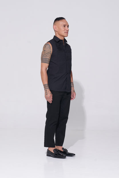black sleeveless tuxedo shirt with pintucks
