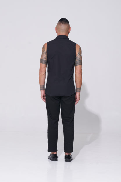 Endemann black sleeveless tuxedo shirt with pintucks with cotton pant
