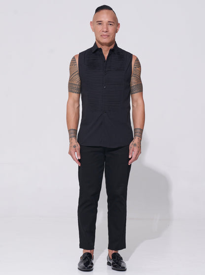 Endemann black sleeveless tuxedo shirt with pintucks with cotton pant