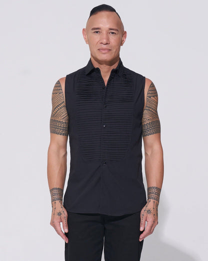 Endemann black sleeveless tuxedo shirt with pintucks with cotton pant