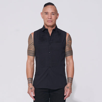 black sleeveless tuxedo shirt with pintucks