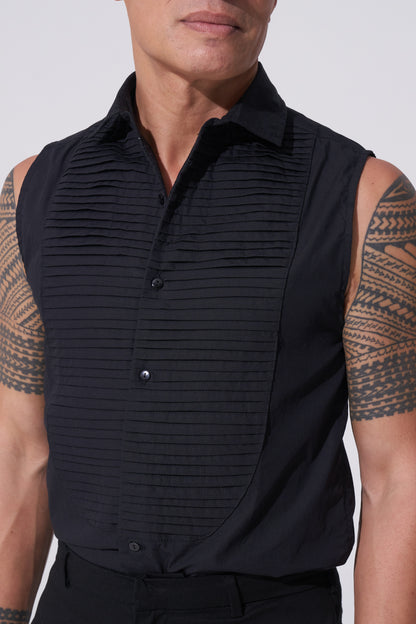 Endemann black sleeveless tuxedo shirt with pintucks with cotton pant