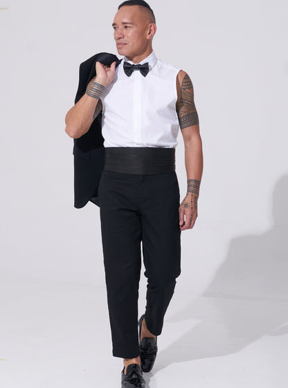 Endemann leather bow tie leather cummerbund, sleeveless jacket and sleeveless shirt