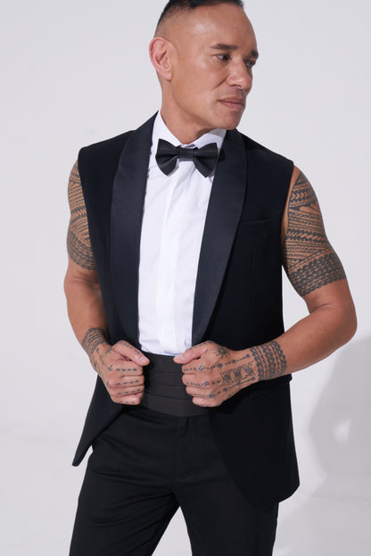 Endemann leather bow tie leather cummerbund, sleeveless jacket and sleeveless shirt