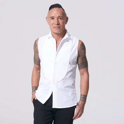white sleeveless tuxedo shirt with pintucks