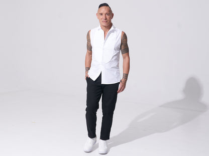 white sleeveless tuxedo shirt with pintucks