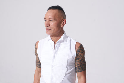 white sleeveless tuxedo shirt with pintucks