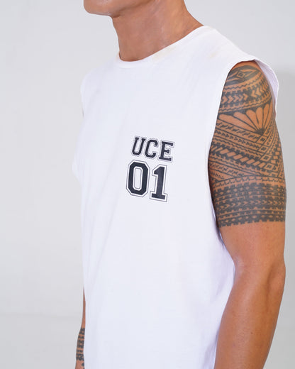 Person wearing a white MUSCLE t-shirt with 'UCE 01' text on a plain background