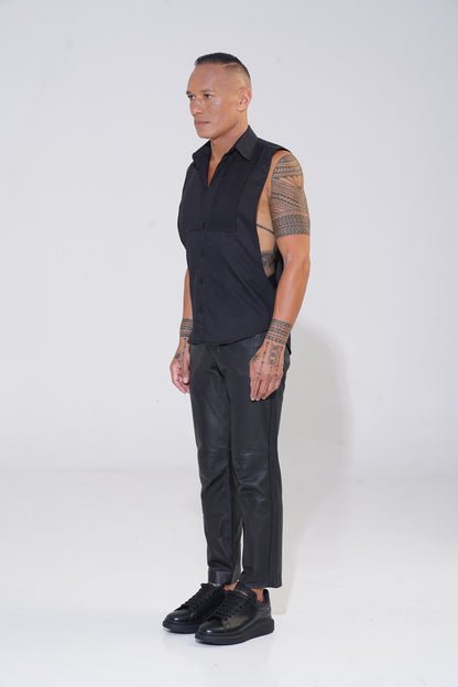 Endemann black sleeveless shirt with lowered armhole with leather pant