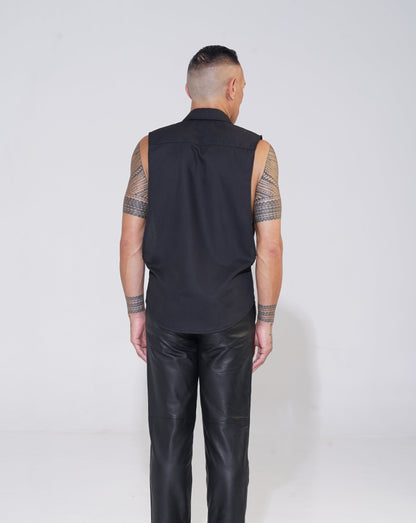 Endemann black sleeveless shirt with lowered armhole with leather pant