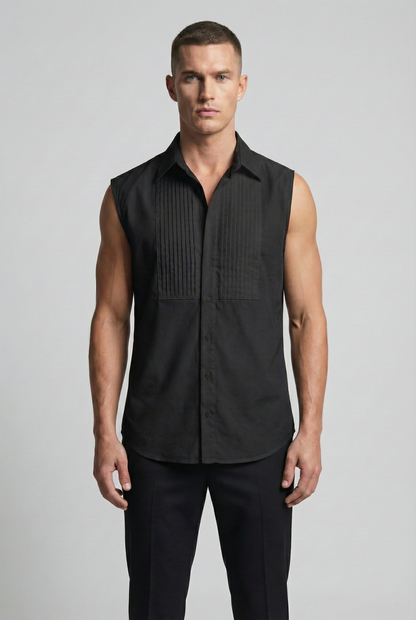 Black Sleeveless Pleated front deep side cut Shirt