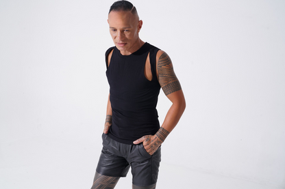 bamboo cotton cut out tank top from endemann menswear  leather shorts 