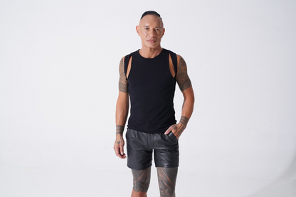 bamboo cotton cut out tank top from endemann menswear  leather shorts 