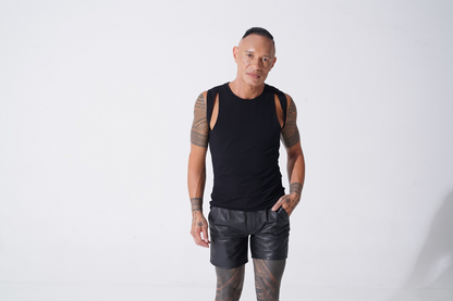 bamboo cotton cut out tank top from endemann menswear  leather shorts 