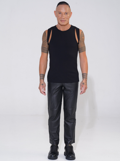 bamboo cotton cut out tank top from endemann menswear  leather pants 
