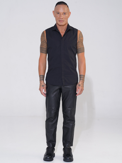 endemann black classic sleeveless shirt with leather pants
