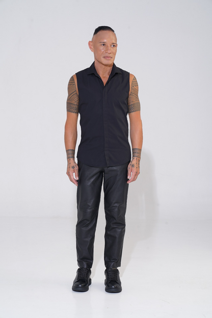 endemann black classic sleeveless shirt with leather pants