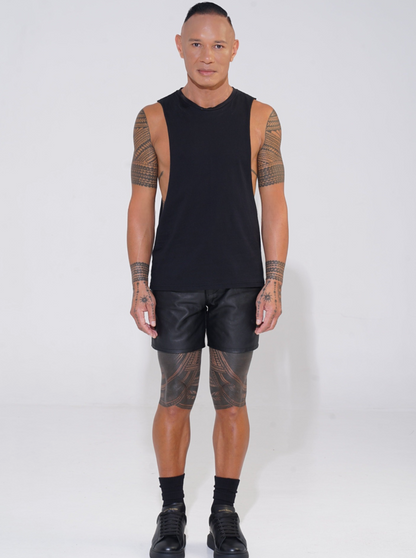 Endemann black cotton round neck tank with lowered armhole with leather shorts