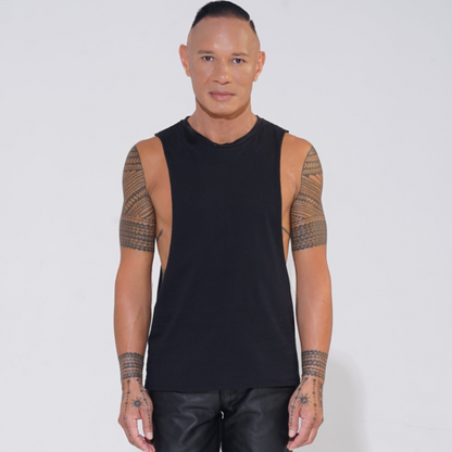 black cotton round neck tank with lowered armhole