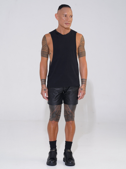Endemann black cotton round neck tank with lowered armhole with leather shorts