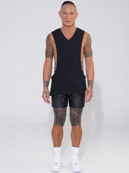 Endemann black cotton v-neck tank with lowered armhole with leather shorts