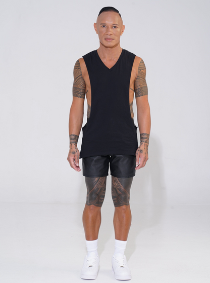 Endemann black cotton v-neck tank with lowered armhole with leather shorts