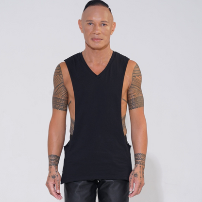 black cotton v-neck tank with lowered armhole
